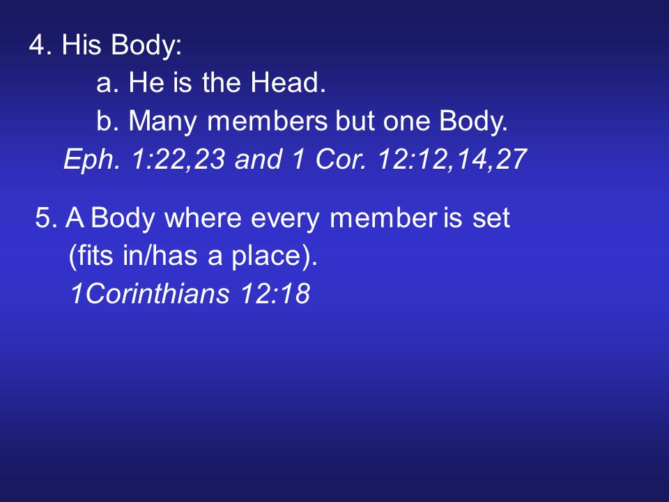 4. His Body: a. He is the Head. b. Many members but one Body.