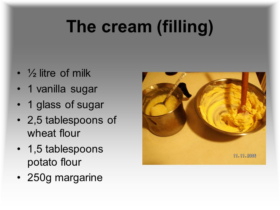 The cream (filling) ½ litre of milk 1 vanilla sugar 1 glass of sugar 2,5 tablespoons of wheat flour 1,5 tablespoons potato flour 250g margarine