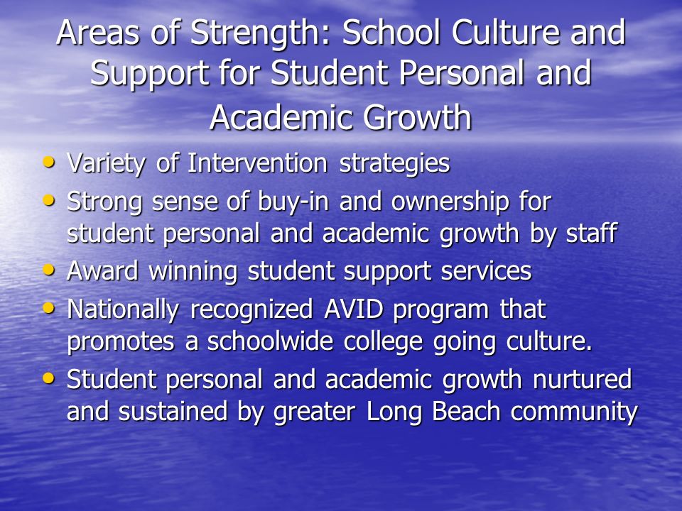 Areas of Strength: School Culture and Support for Student Personal and Academic Growth Variety of Intervention strategies Variety of Intervention strategies Strong sense of buy-in and ownership for student personal and academic growth by staff Strong sense of buy-in and ownership for student personal and academic growth by staff Award winning student support services Award winning student support services Nationally recognized AVID program that promotes a schoolwide college going culture.