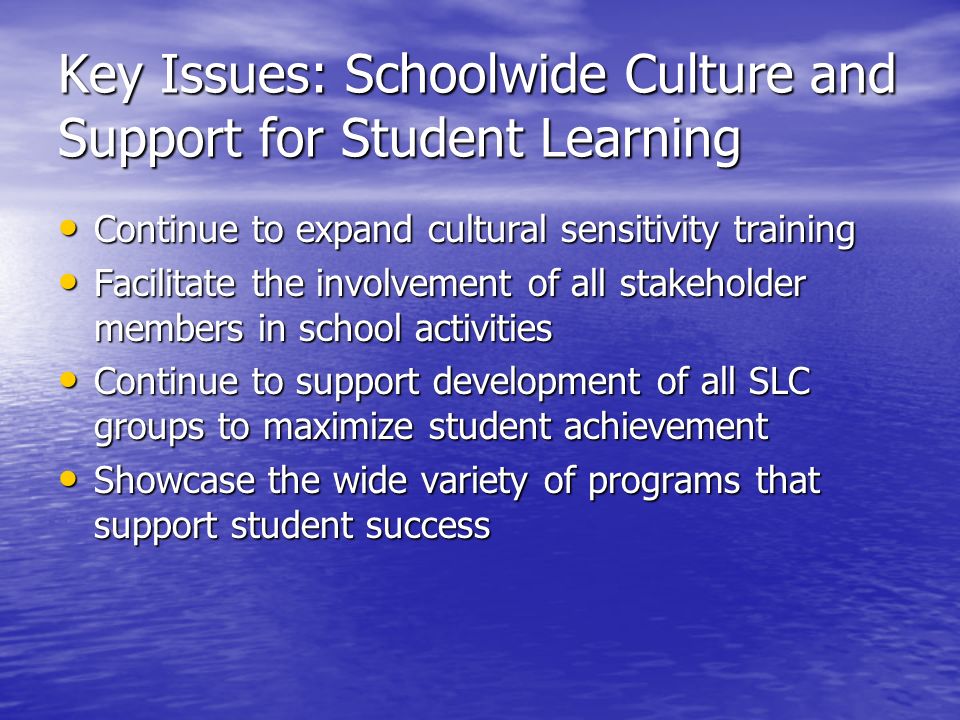 Key Issues: Schoolwide Culture and Support for Student Learning Continue to expand cultural sensitivity training Continue to expand cultural sensitivity training Facilitate the involvement of all stakeholder members in school activities Facilitate the involvement of all stakeholder members in school activities Continue to support development of all SLC groups to maximize student achievement Continue to support development of all SLC groups to maximize student achievement Showcase the wide variety of programs that support student success Showcase the wide variety of programs that support student success
