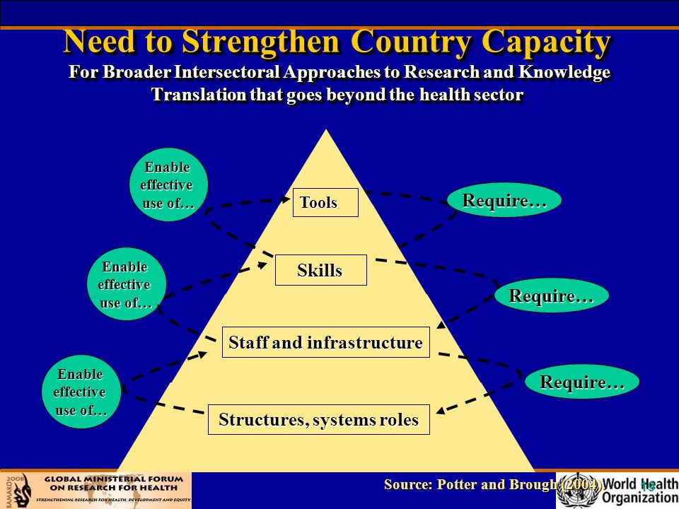 19 Need to Strengthen Country Capacity For Broader Intersectoral Approaches to Research and Knowledge Translation that goes beyond the health sector Source: Potter and Brough (2004).