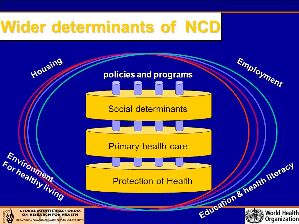 Wider determinants of NCD Housing Employment Education & health literacy Environment For healthy living Protection of Health Primary health care Social determinants policies and programs