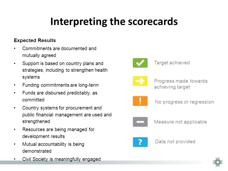 Interpreting the scorecards Expected Results Commitments are documented and mutually agreed Support is based on country plans and strategies, including to strengthen health systems Funding commitments are long-term Funds are disbursed predictably, as committed Country systems for procurement and public financial management are used and strengthened Resources are being managed for development results Mutual accountability is being demonstrated Civil Society is meaningfully engaged Target achieved Progress made towards achieving target No progress or regression Measure not applicable Data not provided