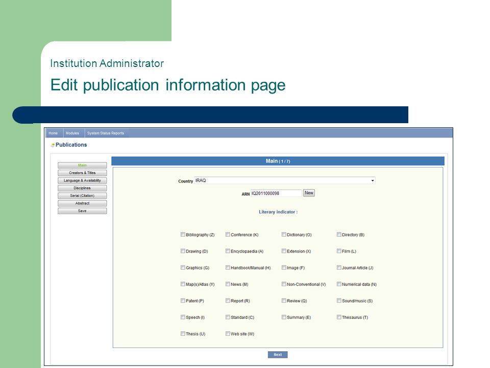 Institution Administrator Edit publication information page