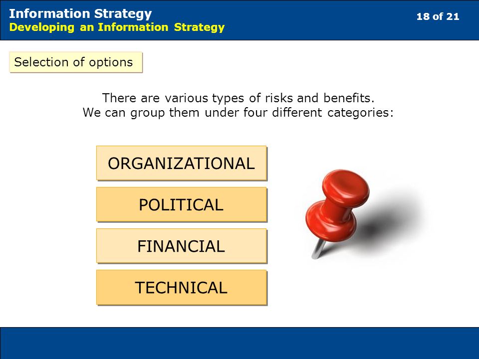 18 of 21 Information Strategy Developing an Information Strategy Selection of options There are various types of risks and benefits.
