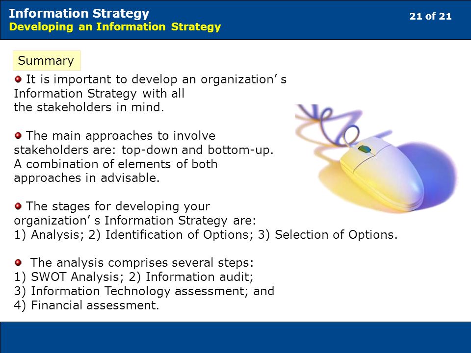 21 of 21 Information Strategy Developing an Information Strategy Summary It is important to develop an organization s Information Strategy with all the stakeholders in mind.