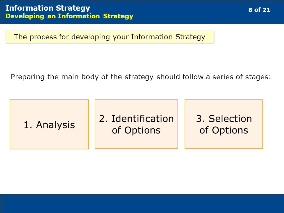 8 of 21 Information Strategy Developing an Information Strategy The process for developing your Information Strategy 1.