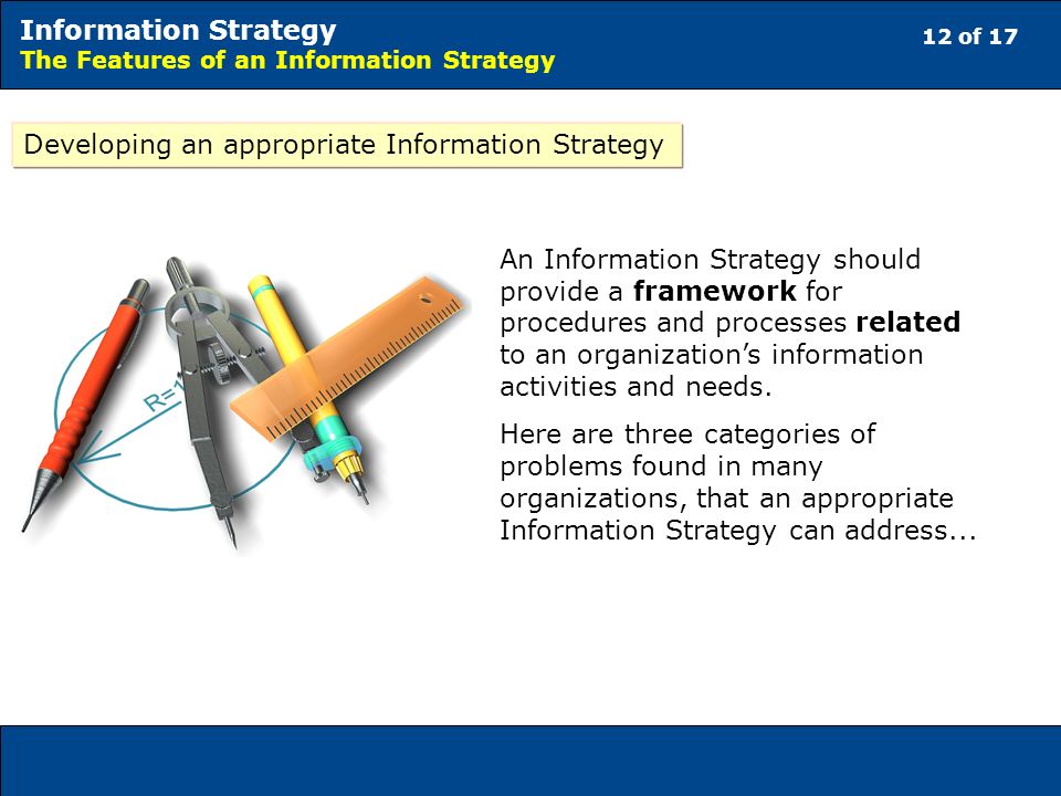 12 of 17 Information Strategy The Features of an Information Strategy Developing an appropriate Information Strategy An Information Strategy should provide a framework for procedures and processes related to an organizations information activities and needs.