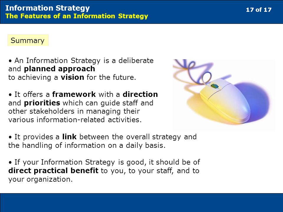 17 of 17 Information Strategy The Features of an Information Strategy Summary An Information Strategy is a deliberate and planned approach to achieving a vision for the future.