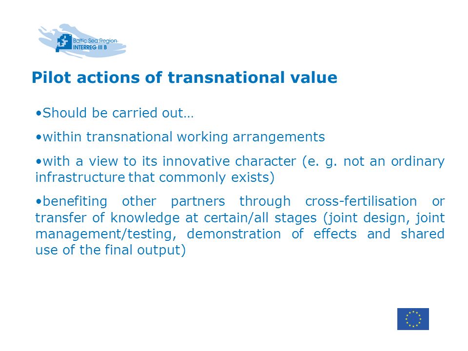 Pilot actions of transnational value Should be carried out… within transnational working arrangements with a view to its innovative character (e.