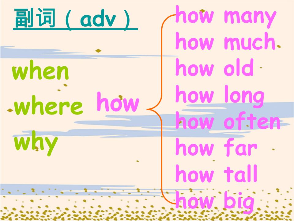 adv when where why how many how much how old how long how often how far how tall how big how