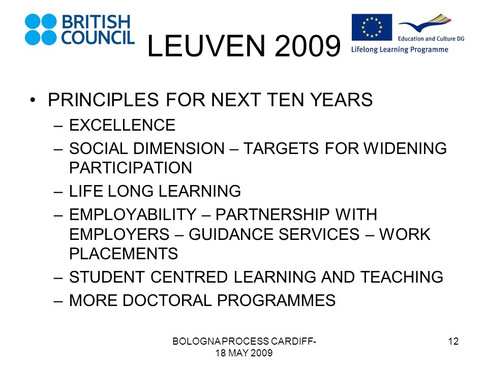 BOLOGNA PROCESS CARDIFF- 18 MAY LEUVEN 2009 PRINCIPLES FOR NEXT TEN YEARS –EXCELLENCE –SOCIAL DIMENSION – TARGETS FOR WIDENING PARTICIPATION –LIFE LONG LEARNING –EMPLOYABILITY – PARTNERSHIP WITH EMPLOYERS – GUIDANCE SERVICES – WORK PLACEMENTS –STUDENT CENTRED LEARNING AND TEACHING –MORE DOCTORAL PROGRAMMES