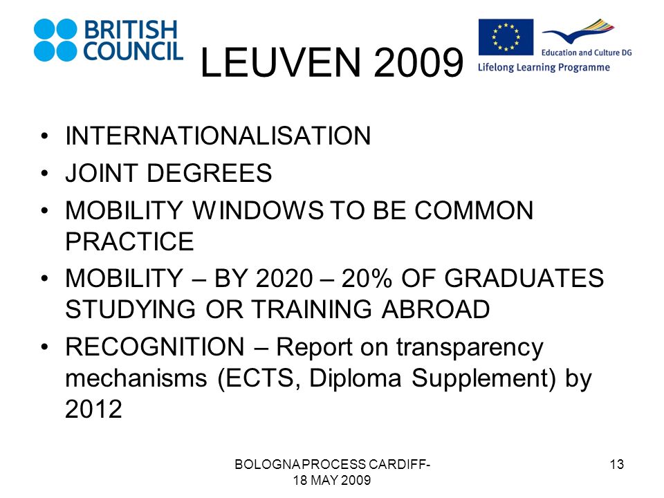 BOLOGNA PROCESS CARDIFF- 18 MAY LEUVEN 2009 INTERNATIONALISATION JOINT DEGREES MOBILITY WINDOWS TO BE COMMON PRACTICE MOBILITY – BY 2020 – 20% OF GRADUATES STUDYING OR TRAINING ABROAD RECOGNITION – Report on transparency mechanisms (ECTS, Diploma Supplement) by 2012