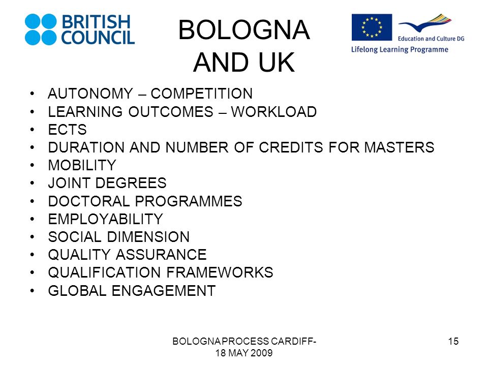 BOLOGNA PROCESS CARDIFF- 18 MAY BOLOGNA AND UK AUTONOMY – COMPETITION LEARNING OUTCOMES – WORKLOAD ECTS DURATION AND NUMBER OF CREDITS FOR MASTERS MOBILITY JOINT DEGREES DOCTORAL PROGRAMMES EMPLOYABILITY SOCIAL DIMENSION QUALITY ASSURANCE QUALIFICATION FRAMEWORKS GLOBAL ENGAGEMENT