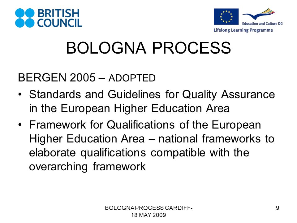 BOLOGNA PROCESS CARDIFF- 18 MAY BOLOGNA PROCESS BERGEN 2005 – ADOPTED Standards and Guidelines for Quality Assurance in the European Higher Education Area Framework for Qualifications of the European Higher Education Area – national frameworks to elaborate qualifications compatible with the overarching framework