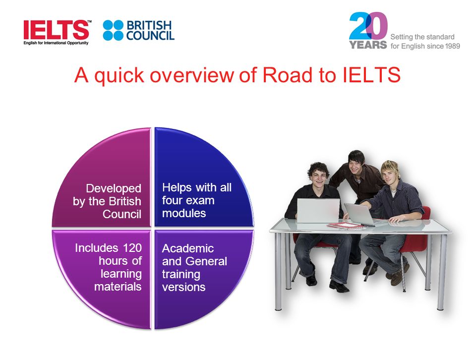 A quick overview of Road to IELTS Helps with all four exam modules Developed by the British Council Includes 120 hours of learning materials Academic and General training versions