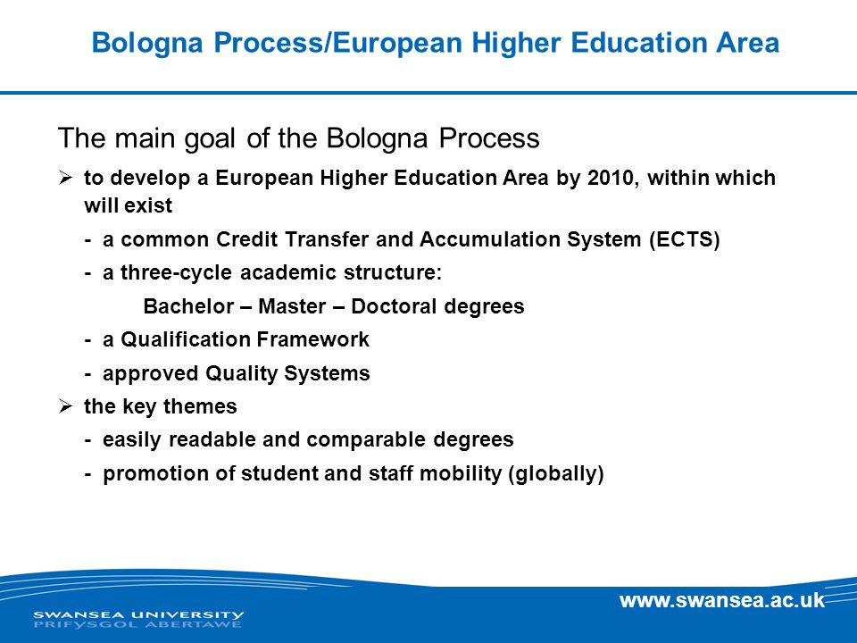 Bologna Process/European Higher Education Area The main goal of the Bologna Process to develop a European Higher Education Area by 2010, within which will exist - a common Credit Transfer and Accumulation System (ECTS) - a three-cycle academic structure: Bachelor – Master – Doctoral degrees - a Qualification Framework - approved Quality Systems the key themes - easily readable and comparable degrees - promotion of student and staff mobility (globally)