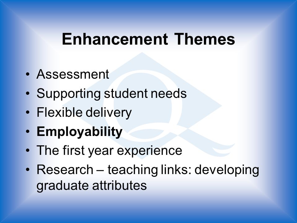 Enhancement Themes Assessment Supporting student needs Flexible delivery Employability The first year experience Research – teaching links: developing graduate attributes
