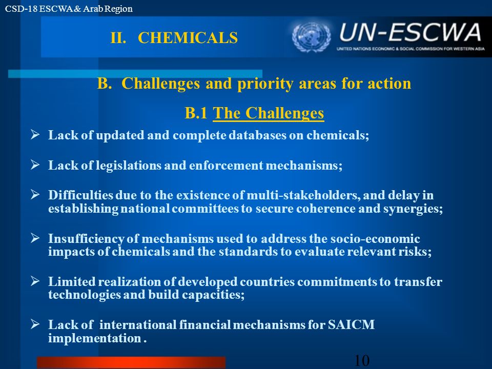 CSD-18 ESCWA & Arab Region 10 Lack of updated and complete databases on chemicals; Lack of legislations and enforcement mechanisms; Difficulties due to the existence of multi-stakeholders, and delay in establishing national committees to secure coherence and synergies; Insufficiency of mechanisms used to address the socio-economic impacts of chemicals and the standards to evaluate relevant risks; Limited realization of developed countries commitments to transfer technologies and build capacities; Lack of international financial mechanisms for SAICM implementation.