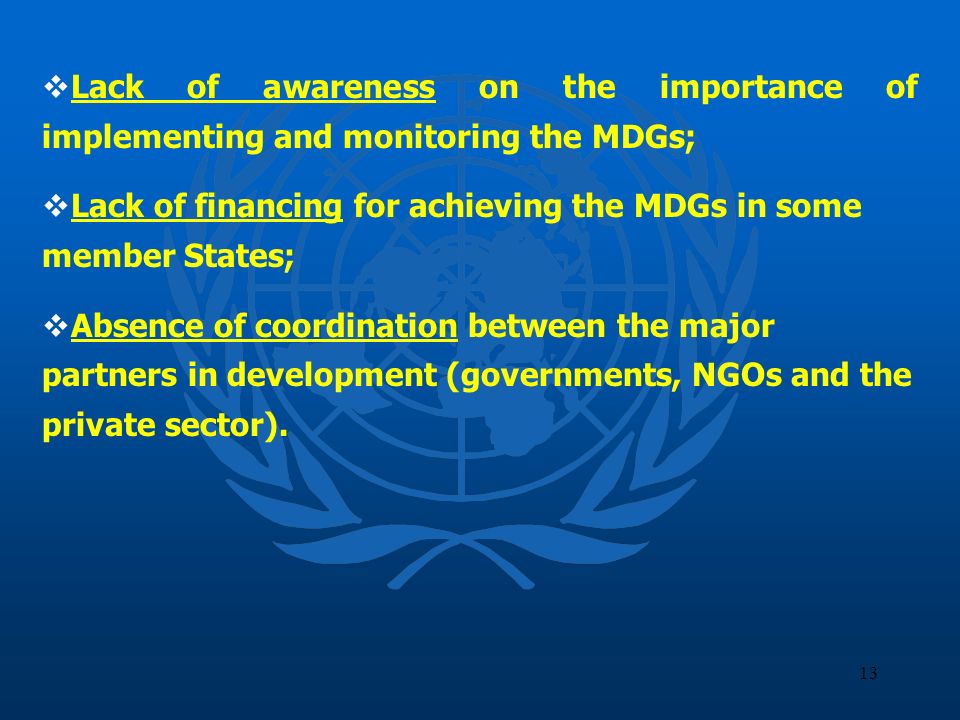 13 Lack of awareness on the importance of implementing and monitoring the MDGs; Lack of financing for achieving the MDGs in some member States; Absence of coordination between the major partners in development (governments, NGOs and the private sector).