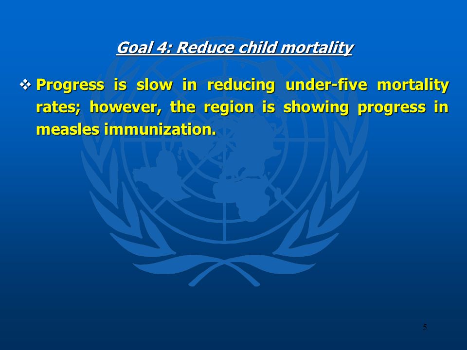 5 Goal 4: Reduce child mortality Progress is slow in reducing under-five mortality rates; however, the region is showing progress in measles immunization.