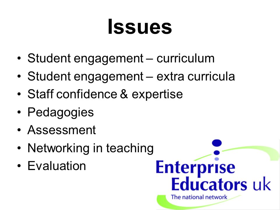 Issues Student engagement – curriculum Student engagement – extra curricula Staff confidence & expertise Pedagogies Assessment Networking in teaching Evaluation