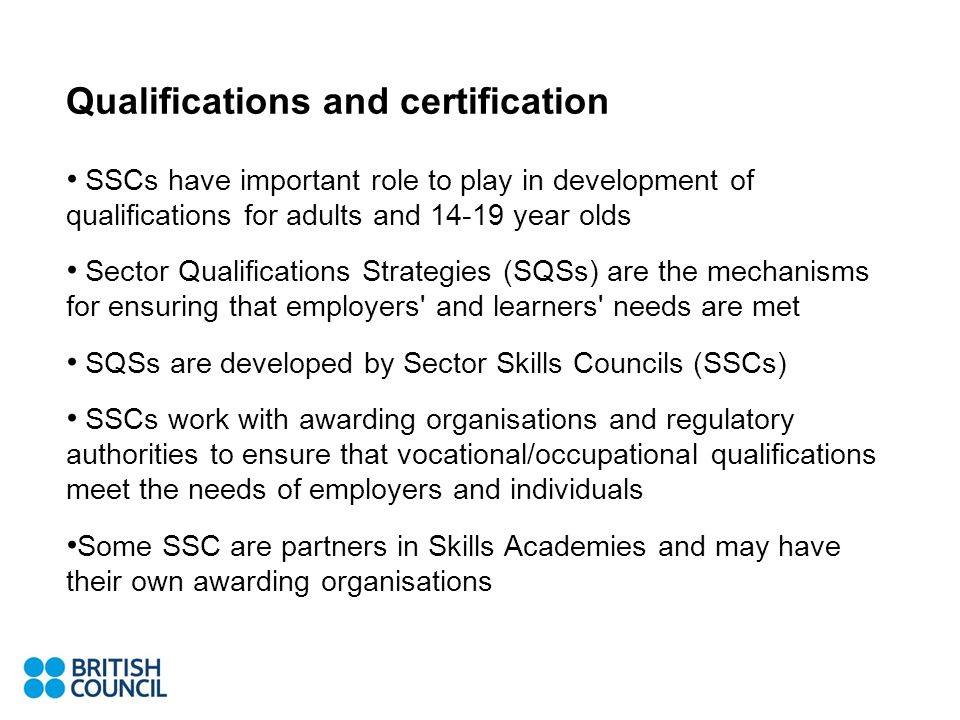 Qualifications and certification SSCs have important role to play in development of qualifications for adults and year olds Sector Qualifications Strategies (SQSs) are the mechanisms for ensuring that employers and learners needs are met SQSs are developed by Sector Skills Councils (SSCs) SSCs work with awarding organisations and regulatory authorities to ensure that vocational/occupational qualifications meet the needs of employers and individuals Some SSC are partners in Skills Academies and may have their own awarding organisations