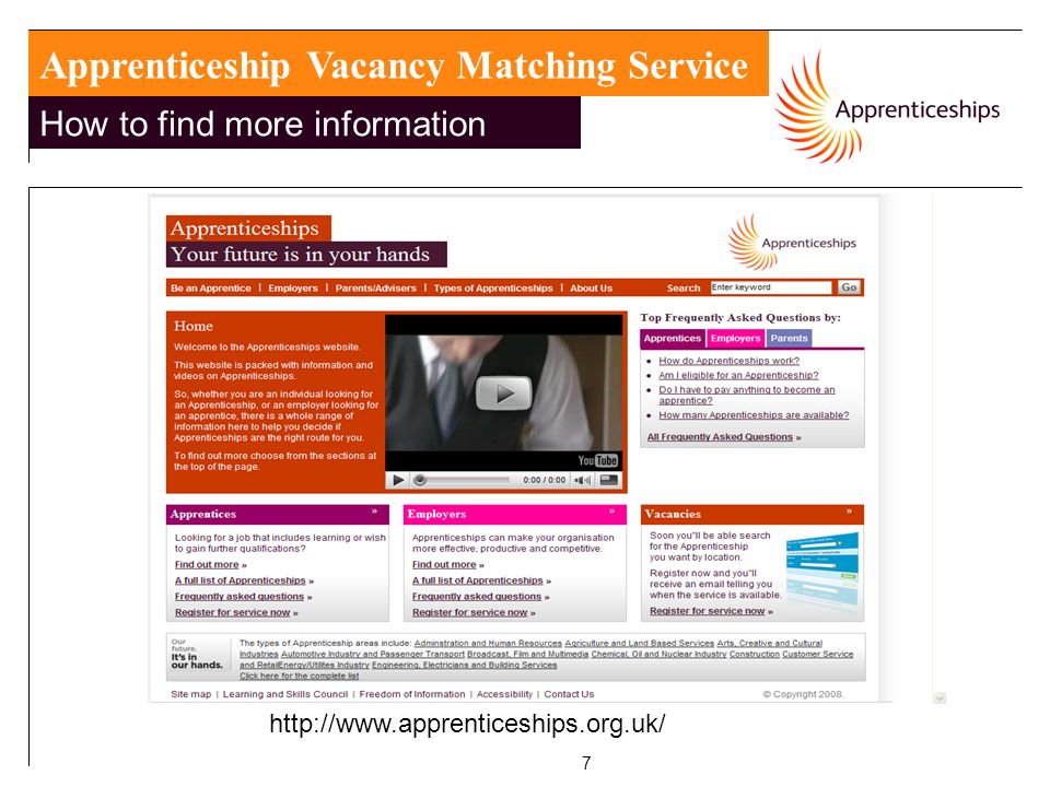 7 NAS Support How to find more information Apprenticeship Vacancy Matching Service