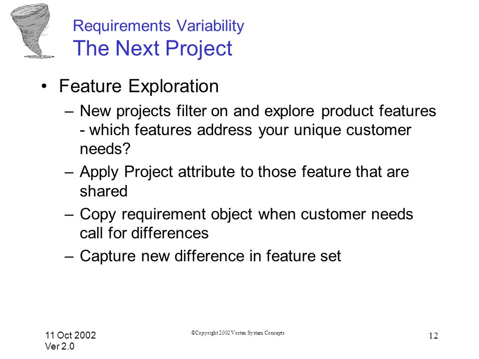 11 Oct 2002 Ver 2.0 ©Copyright 2002 Vortex System Concepts 12 Requirements Variability The Next Project Feature Exploration –New projects filter on and explore product features - which features address your unique customer needs.
