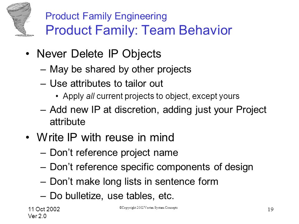 11 Oct 2002 Ver 2.0 ©Copyright 2002 Vortex System Concepts 19 Product Family Engineering Product Family: Team Behavior Never Delete IP Objects –May be shared by other projects –Use attributes to tailor out Apply all current projects to object, except yours –Add new IP at discretion, adding just your Project attribute Write IP with reuse in mind –Dont reference project name –Dont reference specific components of design –Dont make long lists in sentence form –Do bulletize, use tables, etc.