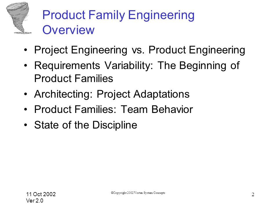 11 Oct 2002 Ver 2.0 ©Copyright 2002 Vortex System Concepts 2 Product Family Engineering Overview Project Engineering vs.