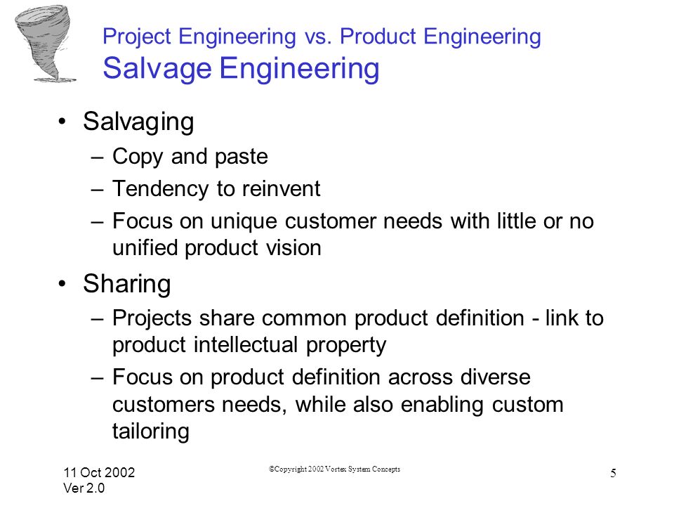 11 Oct 2002 Ver 2.0 ©Copyright 2002 Vortex System Concepts 5 Project Engineering vs.