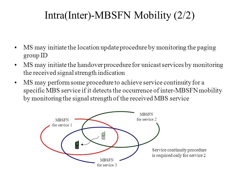 Intra(Inter)-MBSFN Mobility (2/2) MS may initiate the location update procedure by monitoring the paging group ID MS may initiate the handover procedure for unicast services by monitoring the received signal strength indication MS may perform some procedure to achieve service continuity for a specific MBS service if it detects the occurrence of inter-MBSFN mobility by monitoring the signal strength of the received MBS service MBSFN for service 1 MBSFN for service 3 MBSFN for service 2 Service continuity procedure is required only for service 2