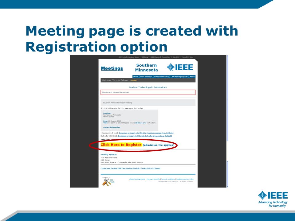 Meeting page is created with Registration option