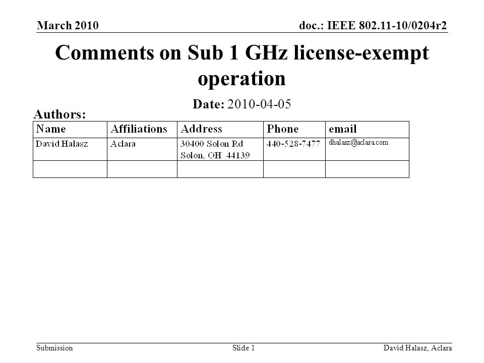 doc.: IEEE /0204r2 Submission March 2010 David Halasz, AclaraSlide 1 Comments on Sub 1 GHz license-exempt operation Date: Authors:
