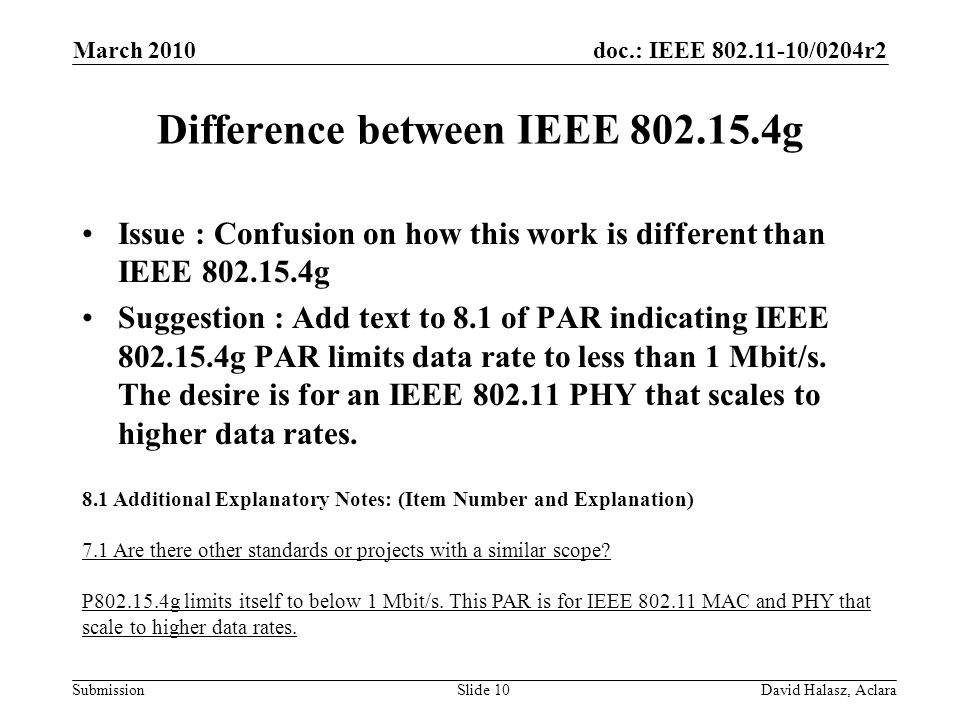 doc.: IEEE /0204r2 Submission Difference between IEEE g Issue : Confusion on how this work is different than IEEE g Suggestion : Add text to 8.1 of PAR indicating IEEE g PAR limits data rate to less than 1 Mbit/s.