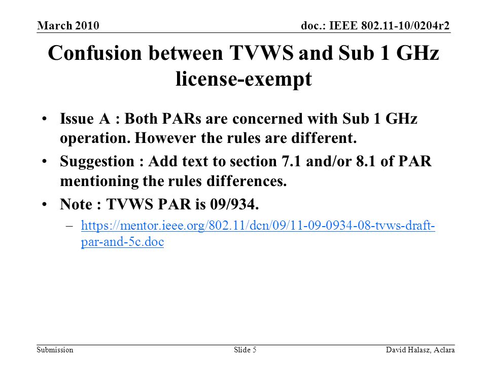 doc.: IEEE /0204r2 Submission Confusion between TVWS and Sub 1 GHz license-exempt Issue A : Both PARs are concerned with Sub 1 GHz operation.