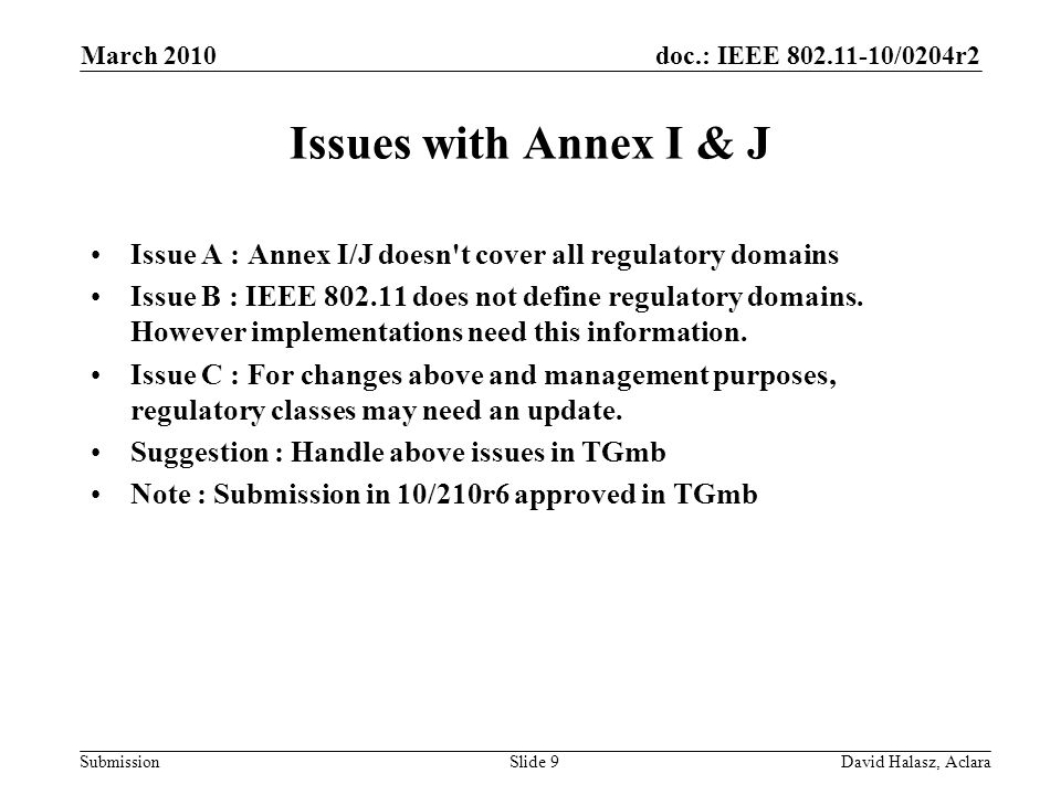 doc.: IEEE /0204r2 Submission Issues with Annex I & J Issue A : Annex I/J doesn t cover all regulatory domains Issue B : IEEE does not define regulatory domains.