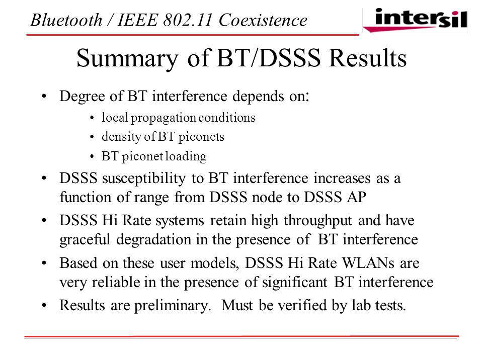 Bluetooth / IEEE Coexistence Summary of BT/DSSS Results Degree of BT interference depends on : local propagation conditions density of BT piconets BT piconet loading DSSS susceptibility to BT interference increases as a function of range from DSSS node to DSSS AP DSSS Hi Rate systems retain high throughput and have graceful degradation in the presence of BT interference Based on these user models, DSSS Hi Rate WLANs are very reliable in the presence of significant BT interference Results are preliminary.