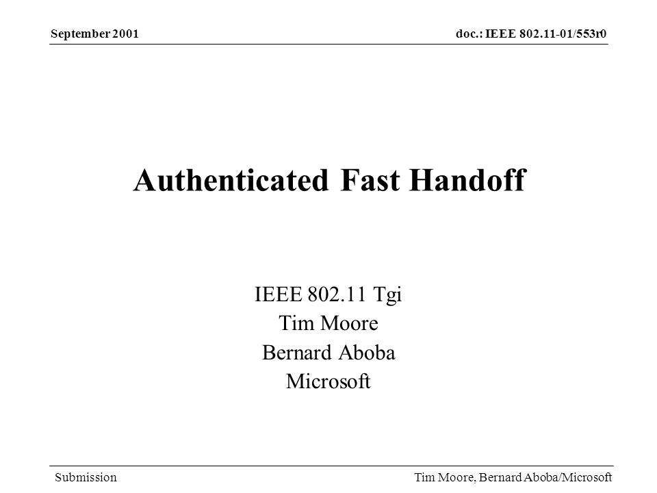 doc.: IEEE /553r0 Submission September 2001 Tim Moore, Bernard Aboba/Microsoft Authenticated Fast Handoff IEEE Tgi Tim Moore Bernard Aboba Microsoft