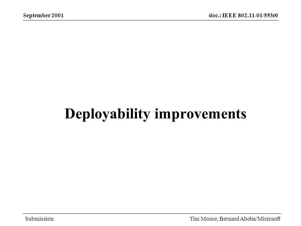 doc.: IEEE /553r0 Submission September 2001 Tim Moore, Bernard Aboba/Microsoft Deployability improvements