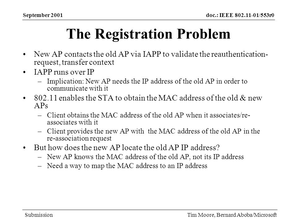 doc.: IEEE /553r0 Submission September 2001 Tim Moore, Bernard Aboba/Microsoft The Registration Problem New AP contacts the old AP via IAPP to validate the reauthentication- request, transfer context IAPP runs over IP –Implication: New AP needs the IP address of the old AP in order to communicate with it enables the STA to obtain the MAC address of the old & new APs –Client obtains the MAC address of the old AP when it associates/re- associates with it –Client provides the new AP with the MAC address of the old AP in the re-association request But how does the new AP locate the old AP IP address.