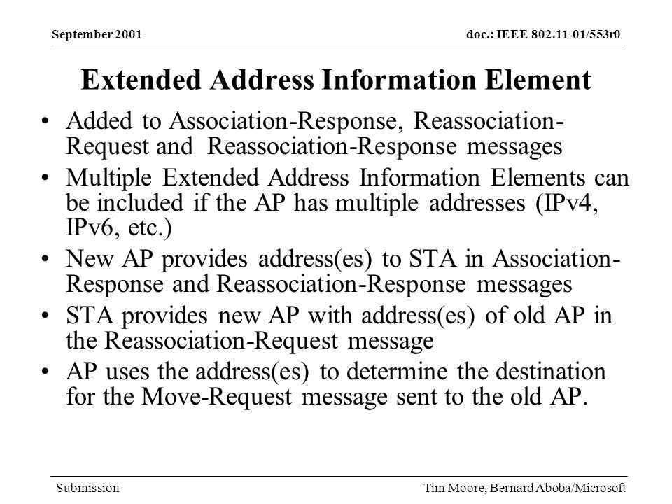 doc.: IEEE /553r0 Submission September 2001 Tim Moore, Bernard Aboba/Microsoft Extended Address Information Element Added to Association-Response, Reassociation- Request and Reassociation-Response messages Multiple Extended Address Information Elements can be included if the AP has multiple addresses (IPv4, IPv6, etc.) New AP provides address(es) to STA in Association- Response and Reassociation-Response messages STA provides new AP with address(es) of old AP in the Reassociation-Request message AP uses the address(es) to determine the destination for the Move-Request message sent to the old AP.