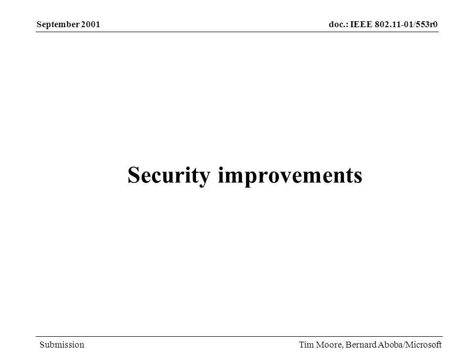 doc.: IEEE /553r0 Submission September 2001 Tim Moore, Bernard Aboba/Microsoft Security improvements