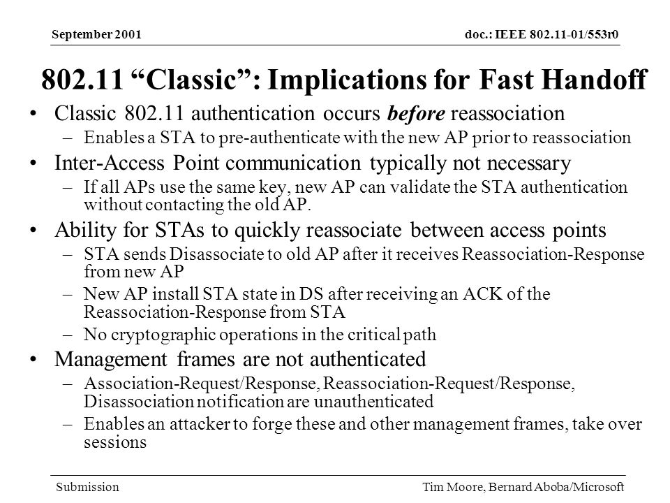 doc.: IEEE /553r0 Submission September 2001 Tim Moore, Bernard Aboba/Microsoft Classic: Implications for Fast Handoff Classic authentication occurs before reassociation –Enables a STA to pre-authenticate with the new AP prior to reassociation Inter-Access Point communication typically not necessary –If all APs use the same key, new AP can validate the STA authentication without contacting the old AP.