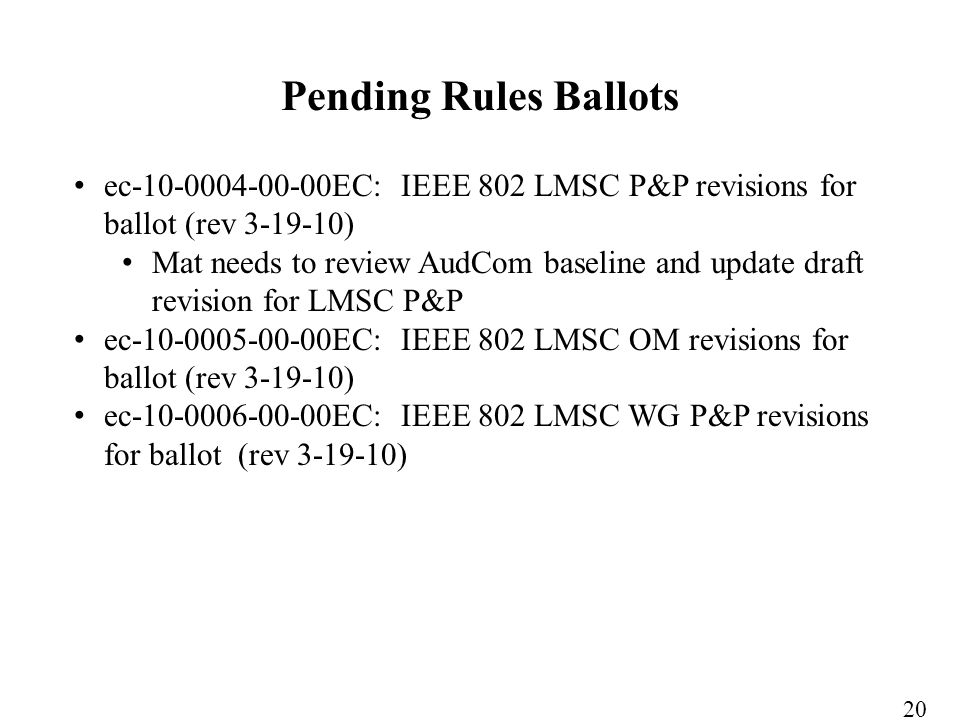 ec EC: IEEE 802 LMSC P&P revisions for ballot (rev ) Mat needs to review AudCom baseline and update draft revision for LMSC P&P ec EC: IEEE 802 LMSC OM revisions for ballot (rev ) ec EC: IEEE 802 LMSC WG P&P revisions for ballot (rev ) Pending Rules Ballots 20