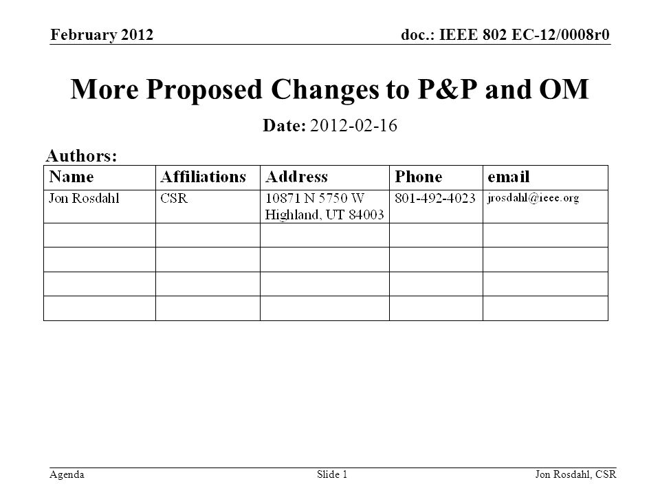 doc.: IEEE 802 EC-12/0008r0 Agenda February 2012 Jon Rosdahl, CSRSlide 1 More Proposed Changes to P&P and OM Date: Authors: