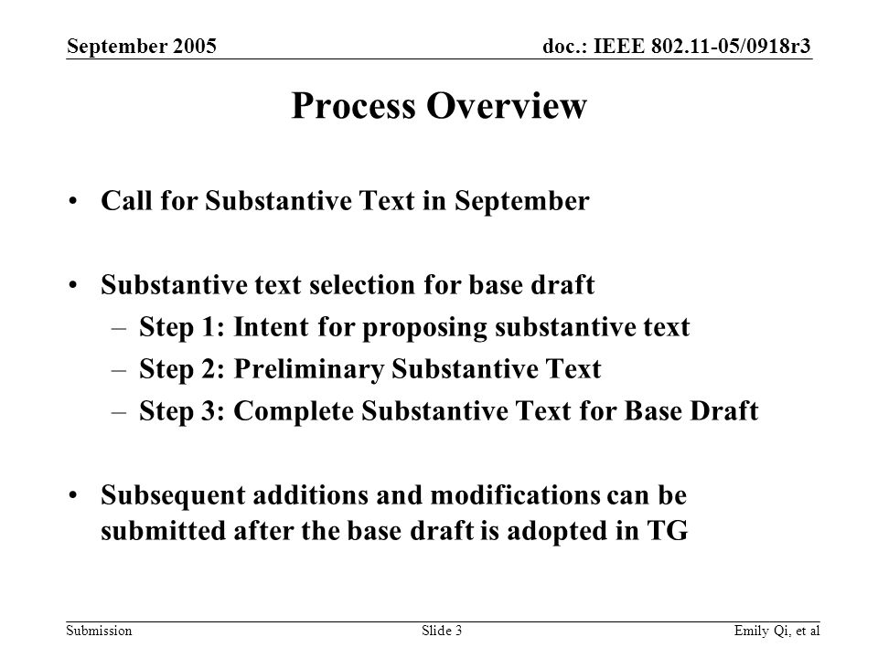 doc.: IEEE /0918r3 Submission September 2005 Emily Qi, et alSlide 3 Process Overview Call for Substantive Text in September Substantive text selection for base draft –Step 1: Intent for proposing substantive text –Step 2: Preliminary Substantive Text –Step 3: Complete Substantive Text for Base Draft Subsequent additions and modifications can be submitted after the base draft is adopted in TG