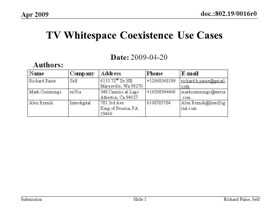 doc.:802.19/0016r0 Submission Apr 2009 Richard Paine, SelfSlide 1 TV Whitespace Coexistence Use Cases Date: Authors: