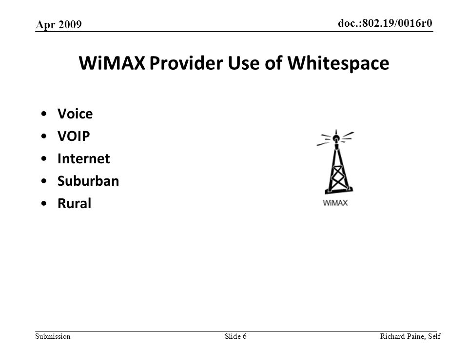 doc.:802.19/0016r0 Submission WiMAX Provider Use of Whitespace Voice VOIP Internet Suburban Rural Apr 2009 Richard Paine, Self Slide 6